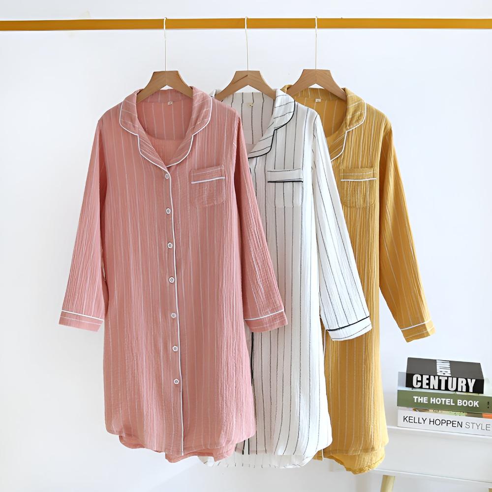 Cotton Long Sleeve Nightdress for Women – Slimming Striped Design