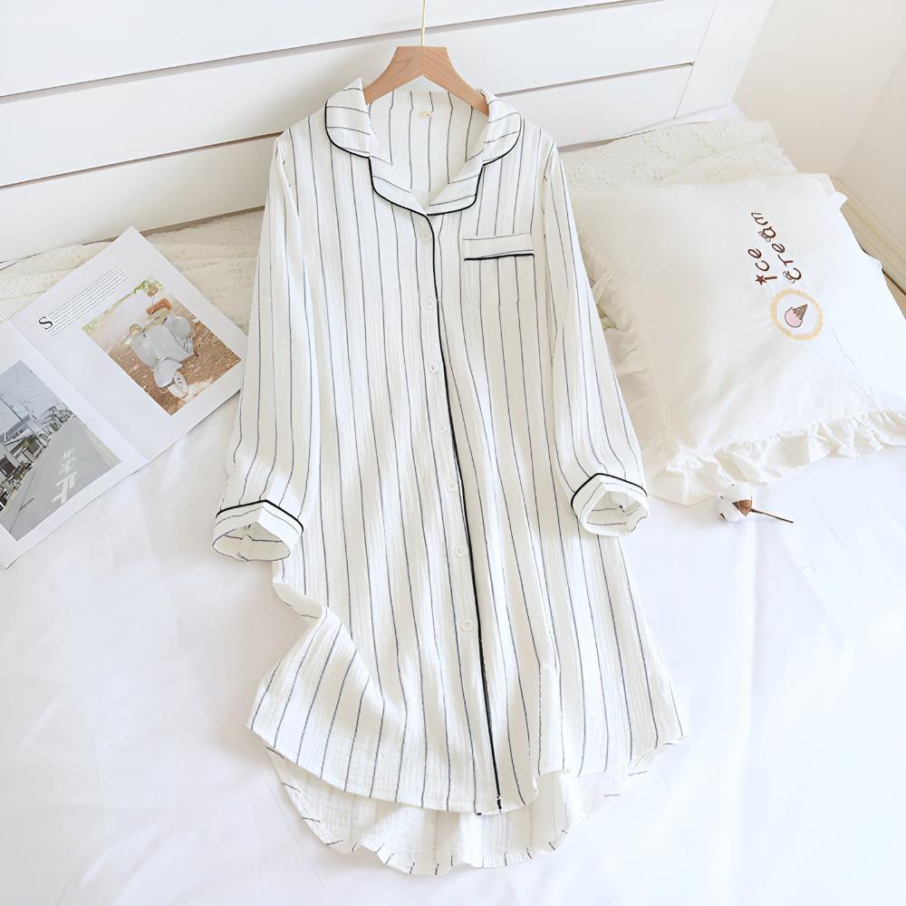 Cotton Long Sleeve Nightdress for Women – Slimming Striped Design