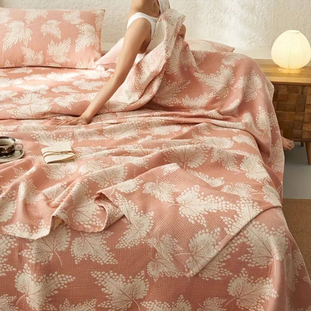 Cotton Summer Blanket, Lightweight, Breathable, Floral Vine Leaf Design