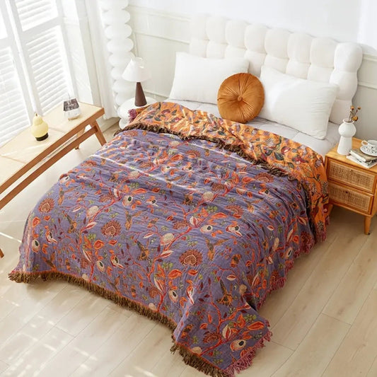Cotton Tassel Blanket, Floral Jacquard Design, Lightweight, Reversible