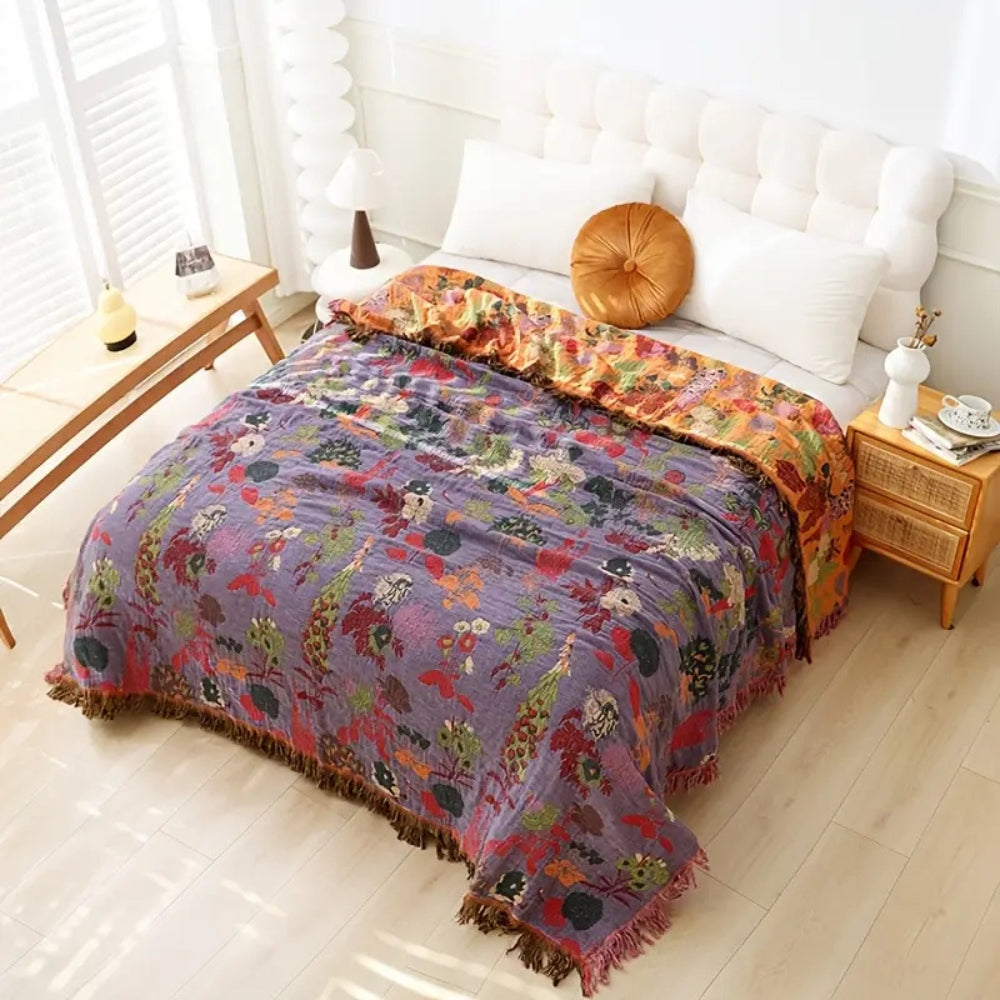 Cotton Tassel Blanket, Floral Jacquard Design, Lightweight, Reversible