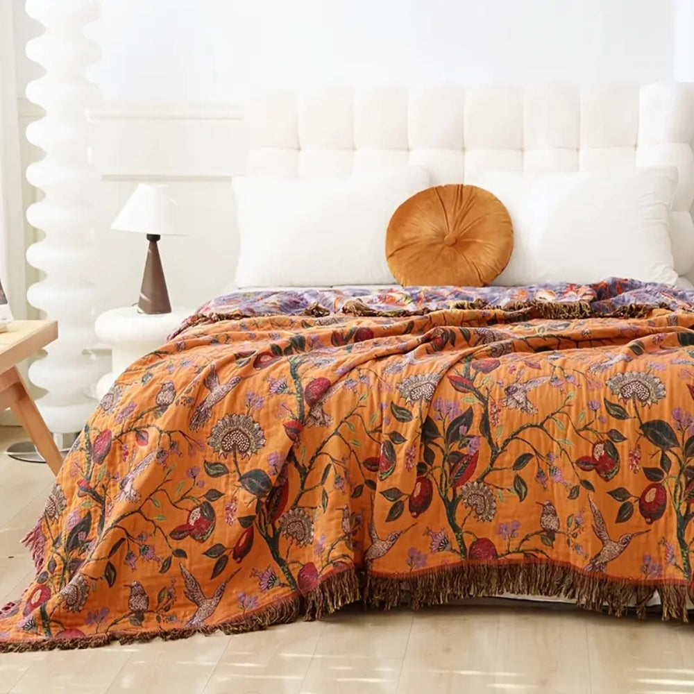 Cotton Tassel Blanket, Floral Jacquard Design, Lightweight, Reversible