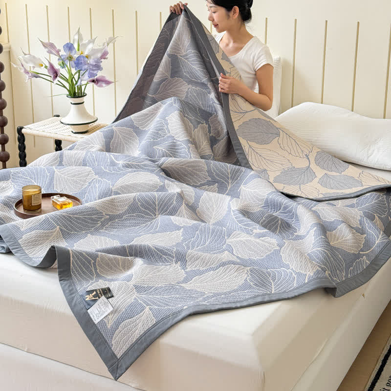 Cotton Triple Gauze Blanket, Lightweight, Mulberry Leaf Print, 3 Layers