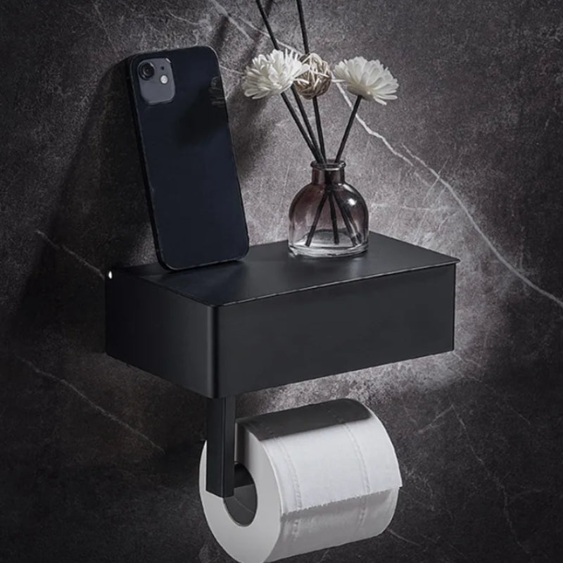 Wall-Mounted Toilet Paper Holder with Storage Shelf – No-Drill Installation