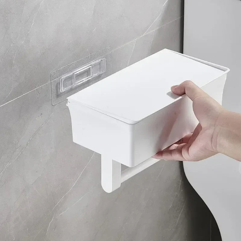 Wall-Mounted Toilet Paper Holder with Storage Shelf – No-Drill Installation