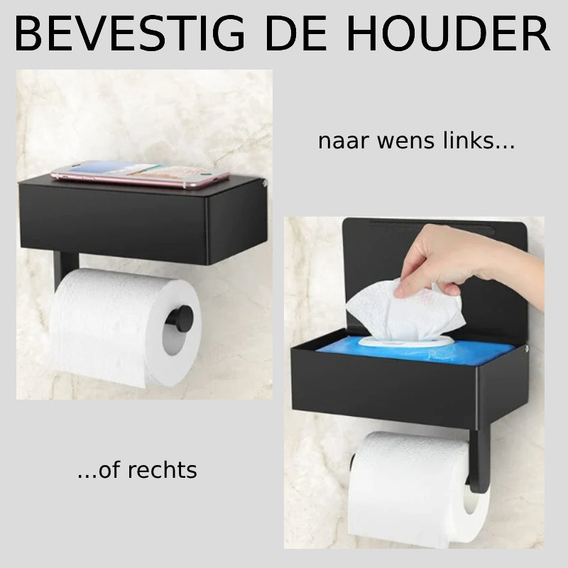 Wall-Mounted Toilet Paper Holder with Storage Shelf – No-Drill Installation
