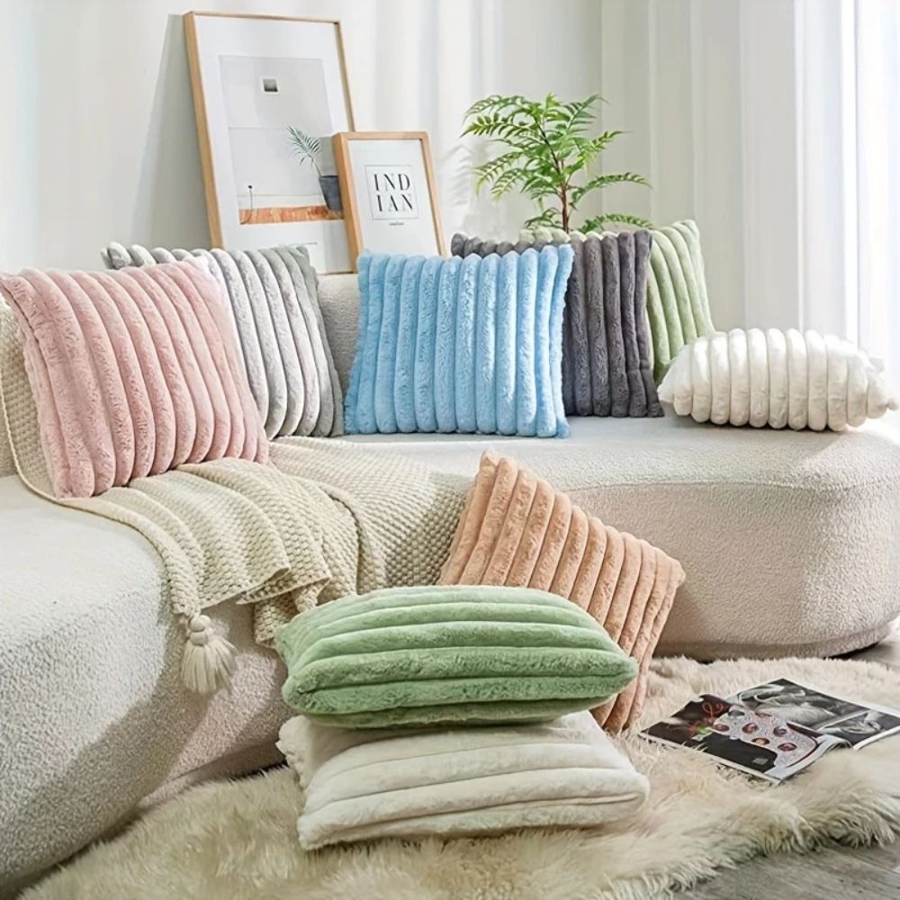 Plush Faux Fur Cushion Cover 18x18 Inches – Soft Microfiber Striped Sofa Cushion Covers for Cozy Home Decor 2