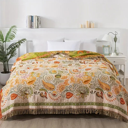 Reversible Boho Blanket, Cotton Gauze, Floral Design