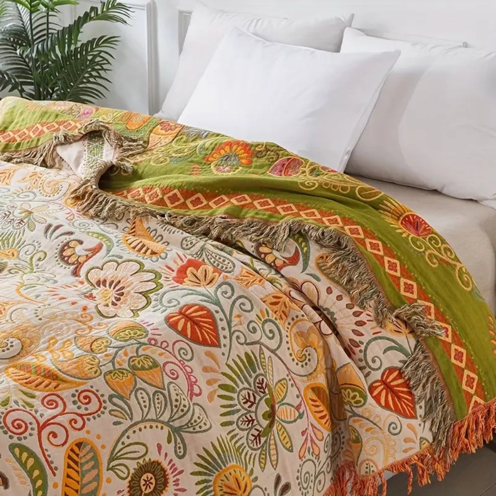 Reversible Boho Blanket, Cotton Gauze, Floral Design