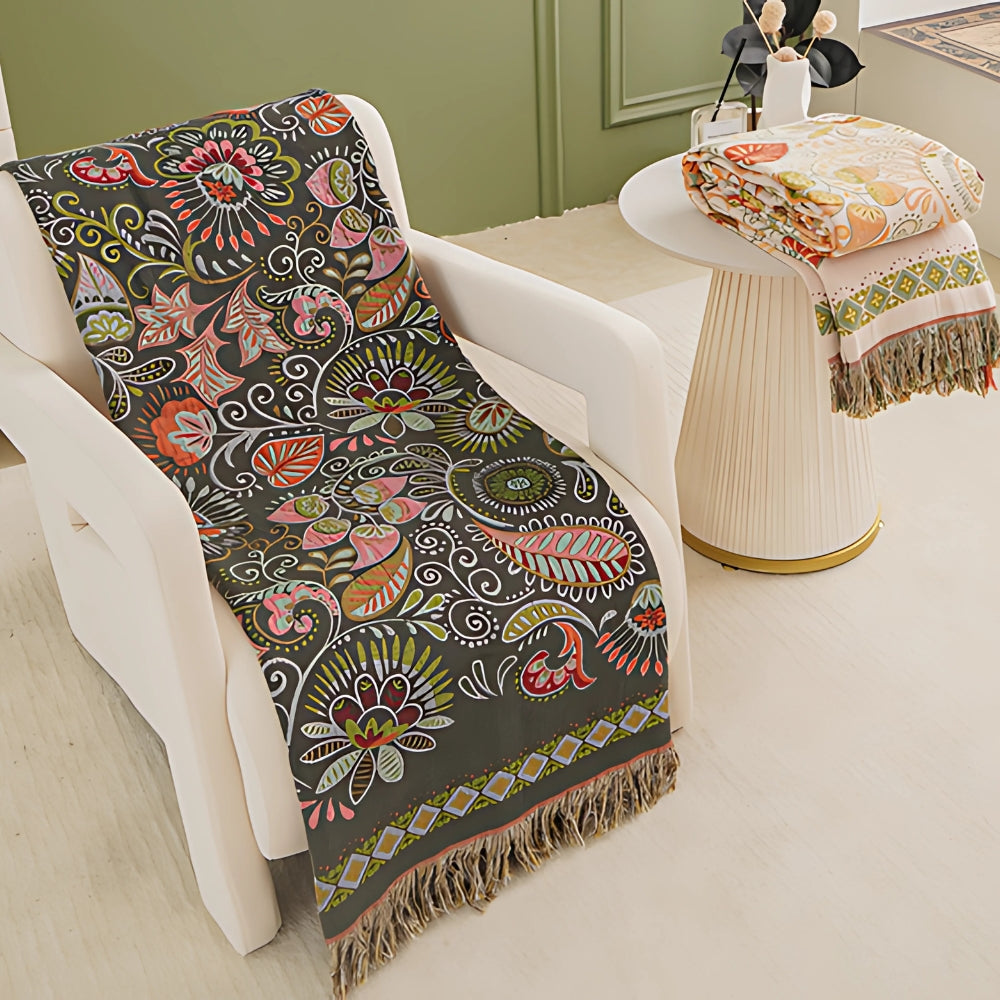 Reversible Boho Blanket, Cotton Gauze, Floral Design