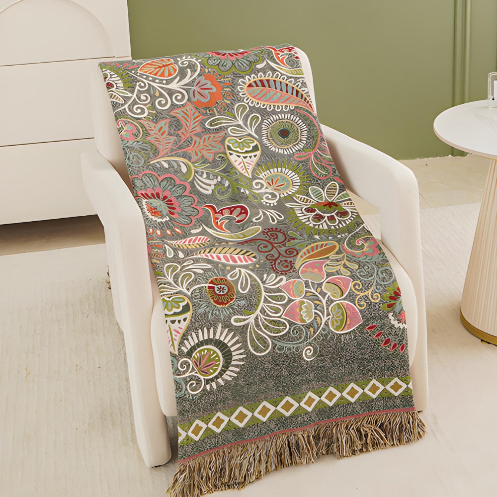 Reversible Boho Blanket, Cotton Gauze, Floral Design