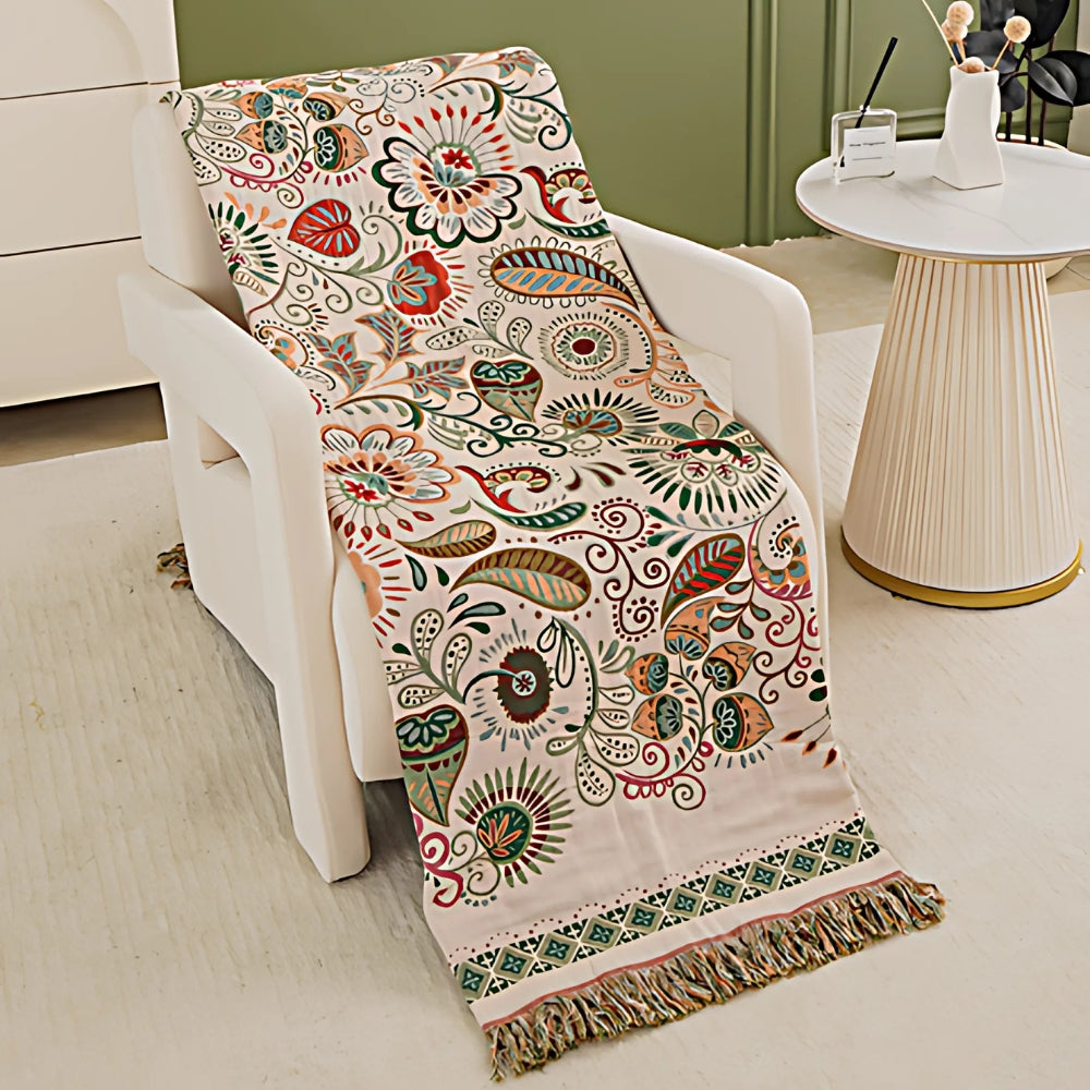 Reversible Boho Blanket, Cotton Gauze, Floral Design