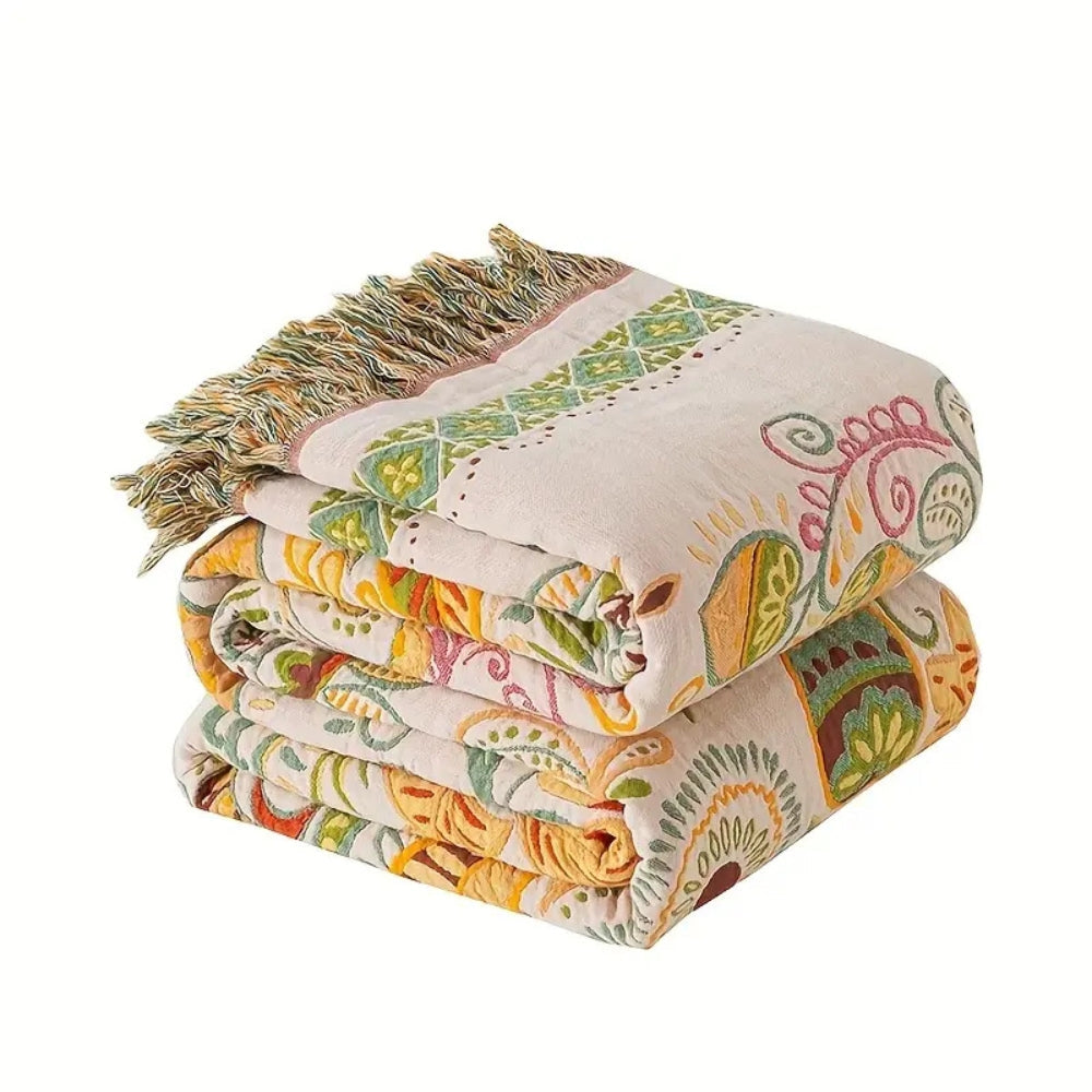 Reversible Boho Blanket, Cotton Gauze, Floral Design