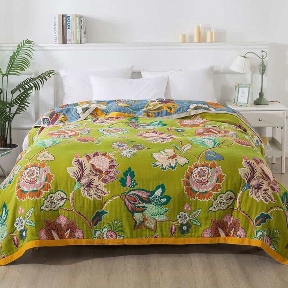 Reversible Cotton Blanket, Dual-Sided Floral Design, Lightweight
