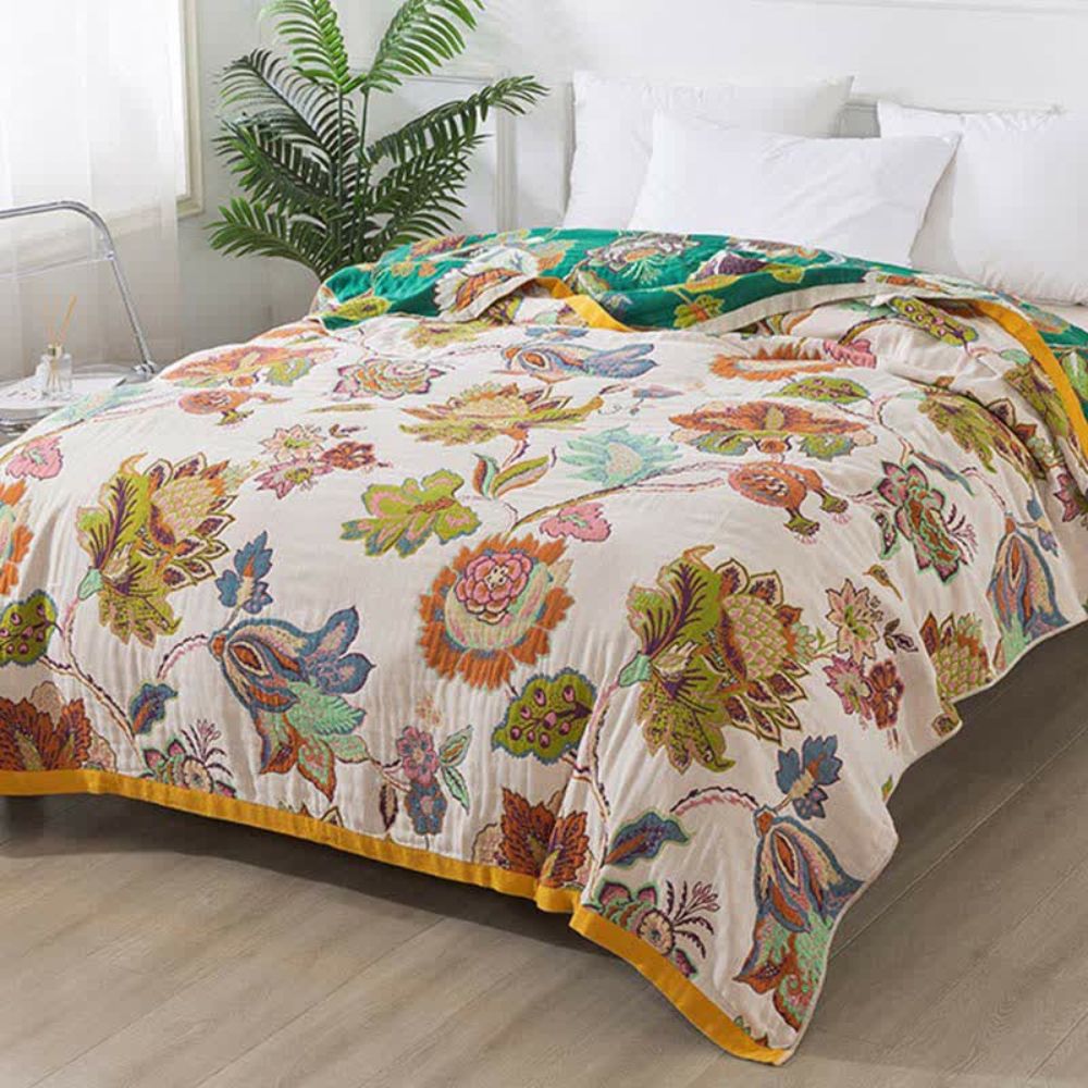 Reversible Cotton Blanket, Dual-Sided Floral Design, Lightweight