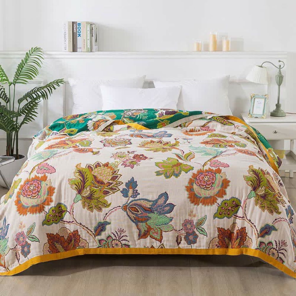 Reversible Cotton Blanket, Dual-Sided Floral Design, Lightweight