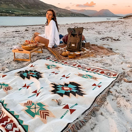 Reversible Outdoor Picnic Blanket, Durable Cotton Blend, Portable