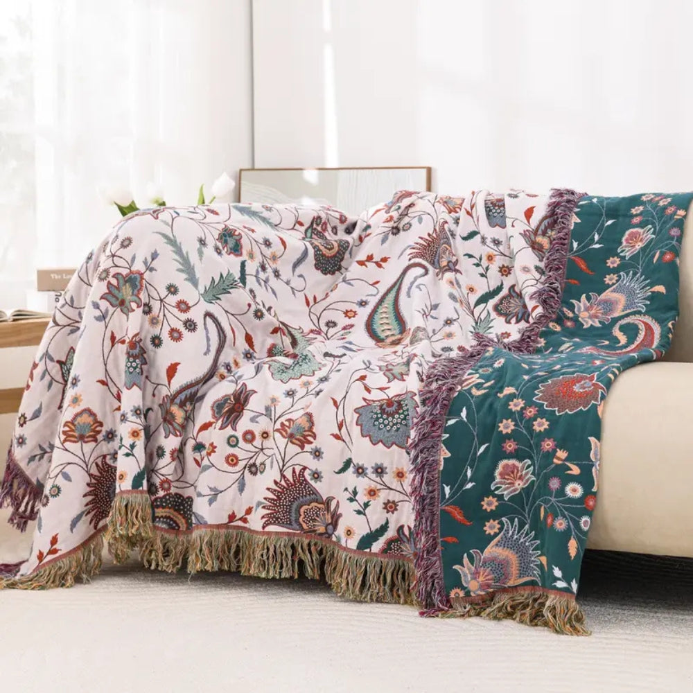 Reversible Soft Blanket, 100% Cotton, Floral Pattern, All-Season