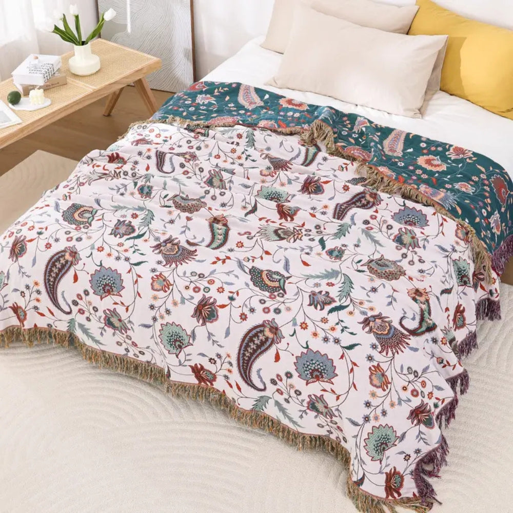 Reversible Soft Blanket, 100% Cotton, Floral Pattern, All-Season