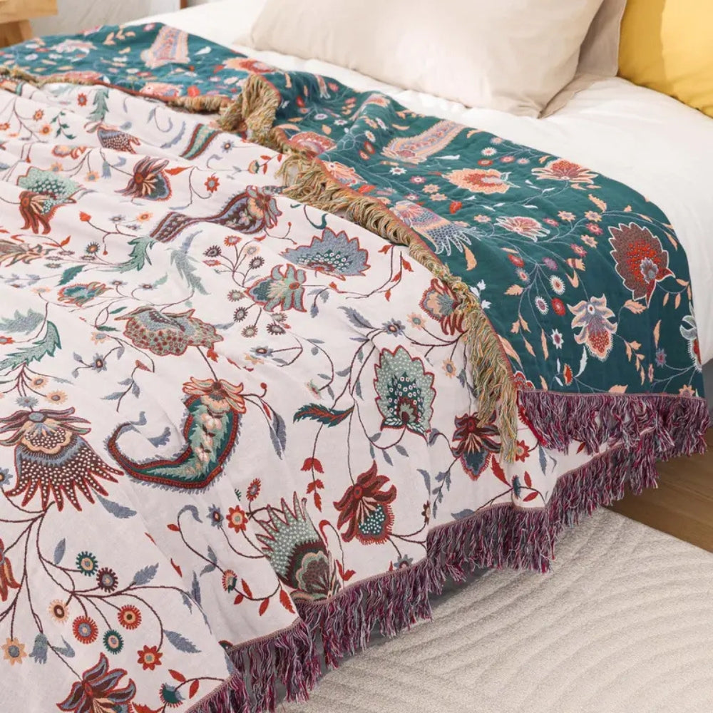 Reversible Soft Blanket, 100% Cotton, Floral Pattern, All-Season