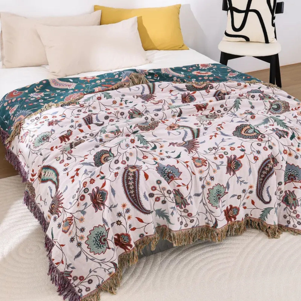 Reversible Soft Blanket, 100% Cotton, Floral Pattern, All-Season