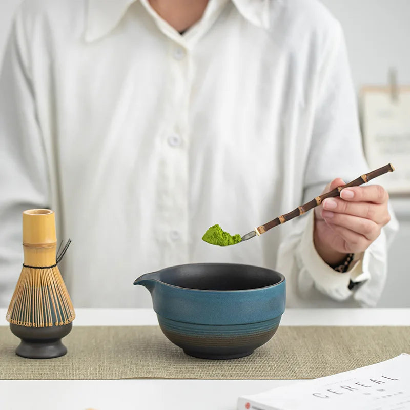 Japanese Matcha Bowl Set with Spout Ombre Medium Ceramic Includes Whisk and Scoop-4