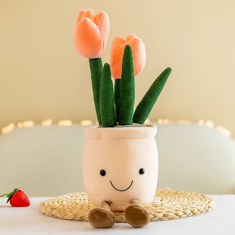 Playful flowerpot cuddly toy with tulips for a cozy home