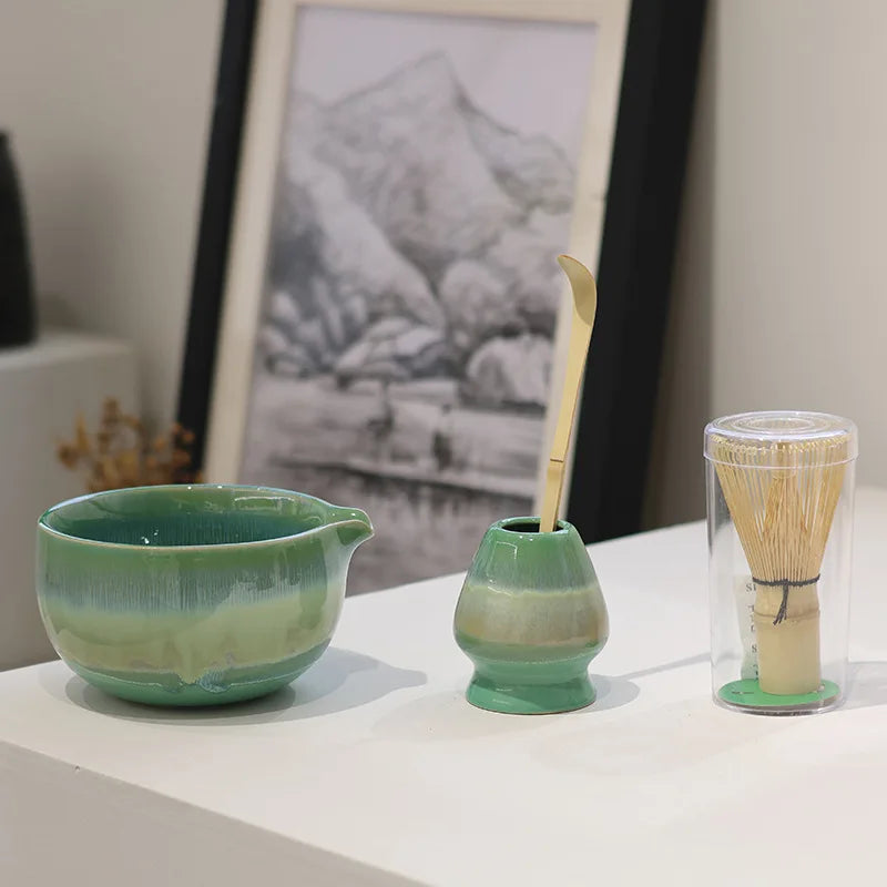 Matcha Tea Set Green Standard Ceramic 4-Piece Hand-Painted Gift Set-3