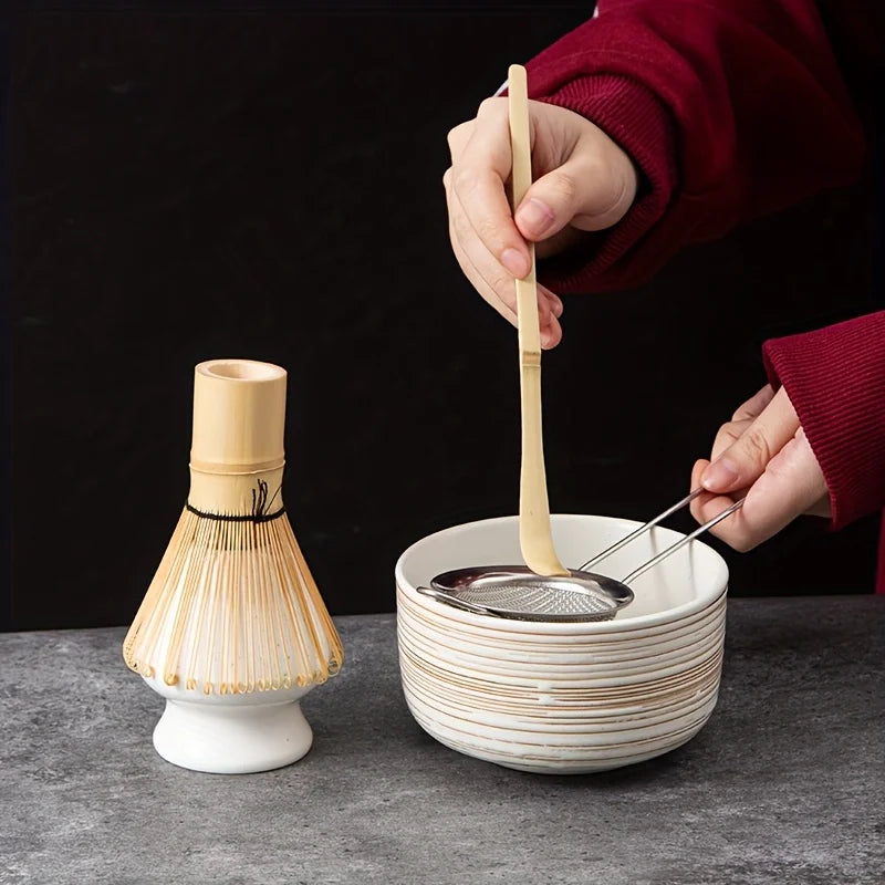 Matcha Whisk Set Green 6-Piece Pottery Matcha Bowl and Whisk for Authentic Tea Experience-1