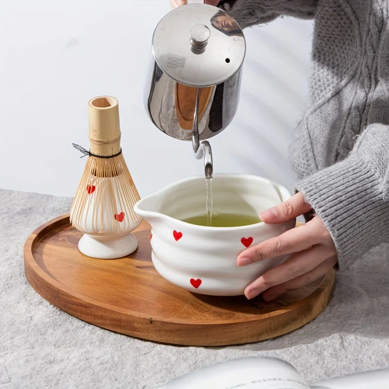 Heart-Shaped Matcha Bowl Set with Whisk Ceramic Size M for Green Tea Preparation-3