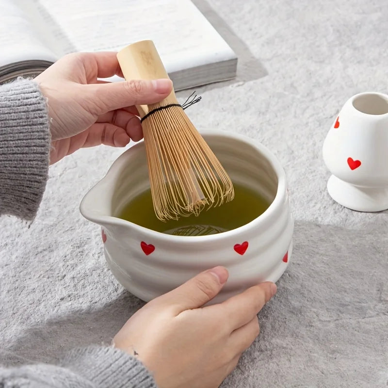 Heart-Shaped Matcha Bowl Set with Whisk Ceramic Size M for Green Tea Preparation-5