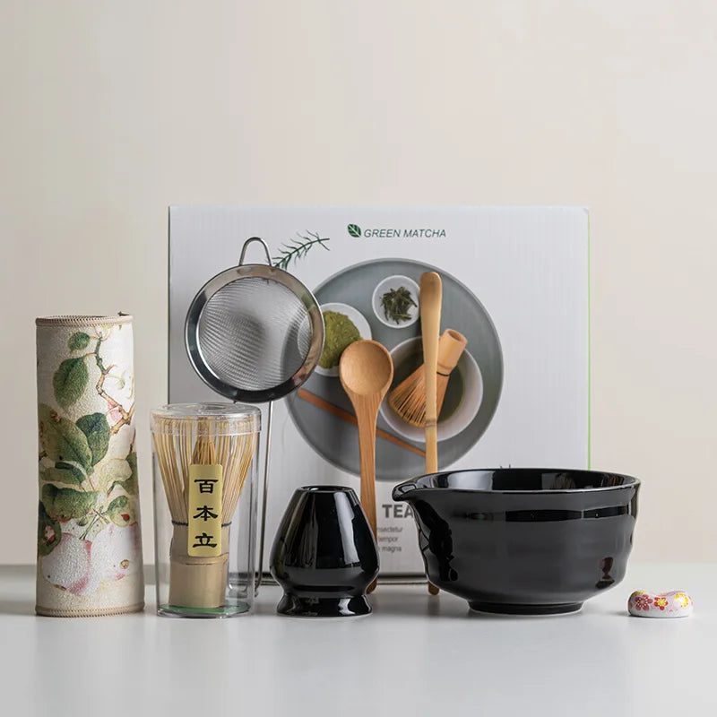 Matcha Set 8-Piece Sakura Design Ceramic Bowl Bamboo Whisk Frother-3