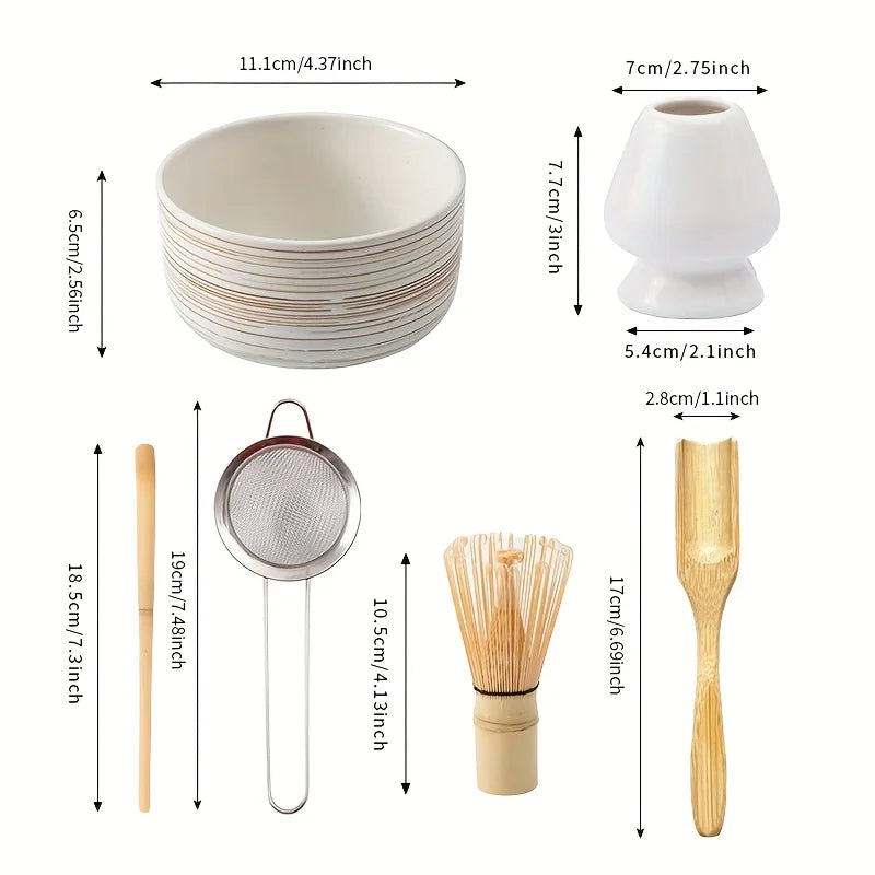 Matcha Whisk Set Green 6-Piece Pottery Matcha Bowl and Whisk for Authentic Tea Experience-3