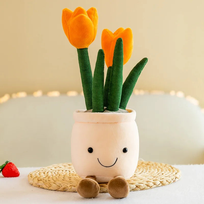 Playful flowerpot cuddly toy with tulips for a cozy home