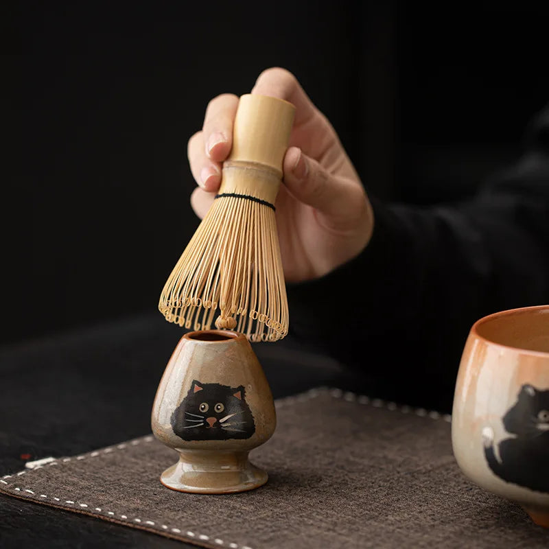 Matcha Tea Set Cat Design 4 Pieces Bamboo Whisk Ceramic Bowl-4