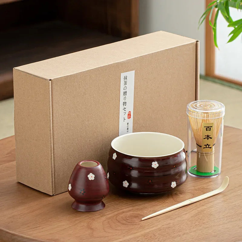 Ceramic Matcha Teaware Set Dark Red Standard Size Ceramic with Cherry Blossom Design-2