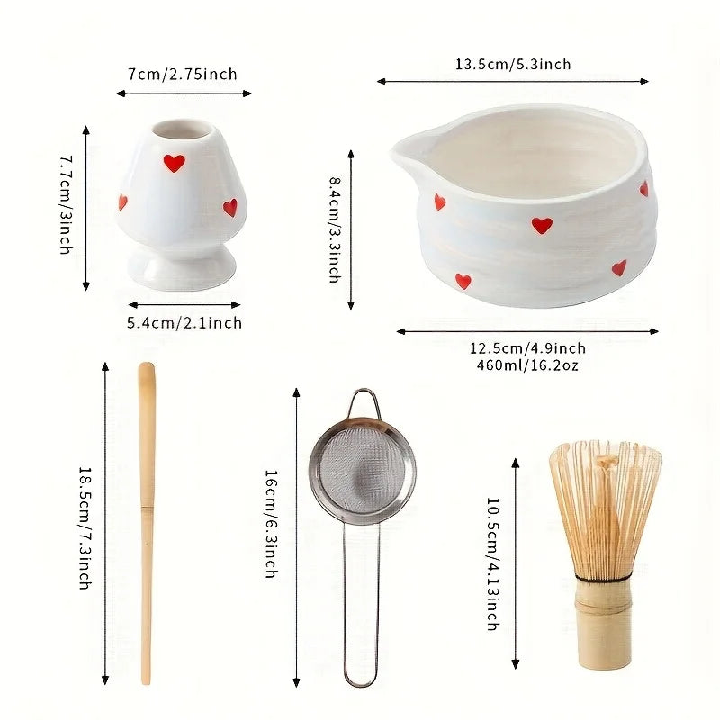 Heart-Shaped Matcha Bowl Set with Whisk Ceramic Size M for Green Tea Preparation-6