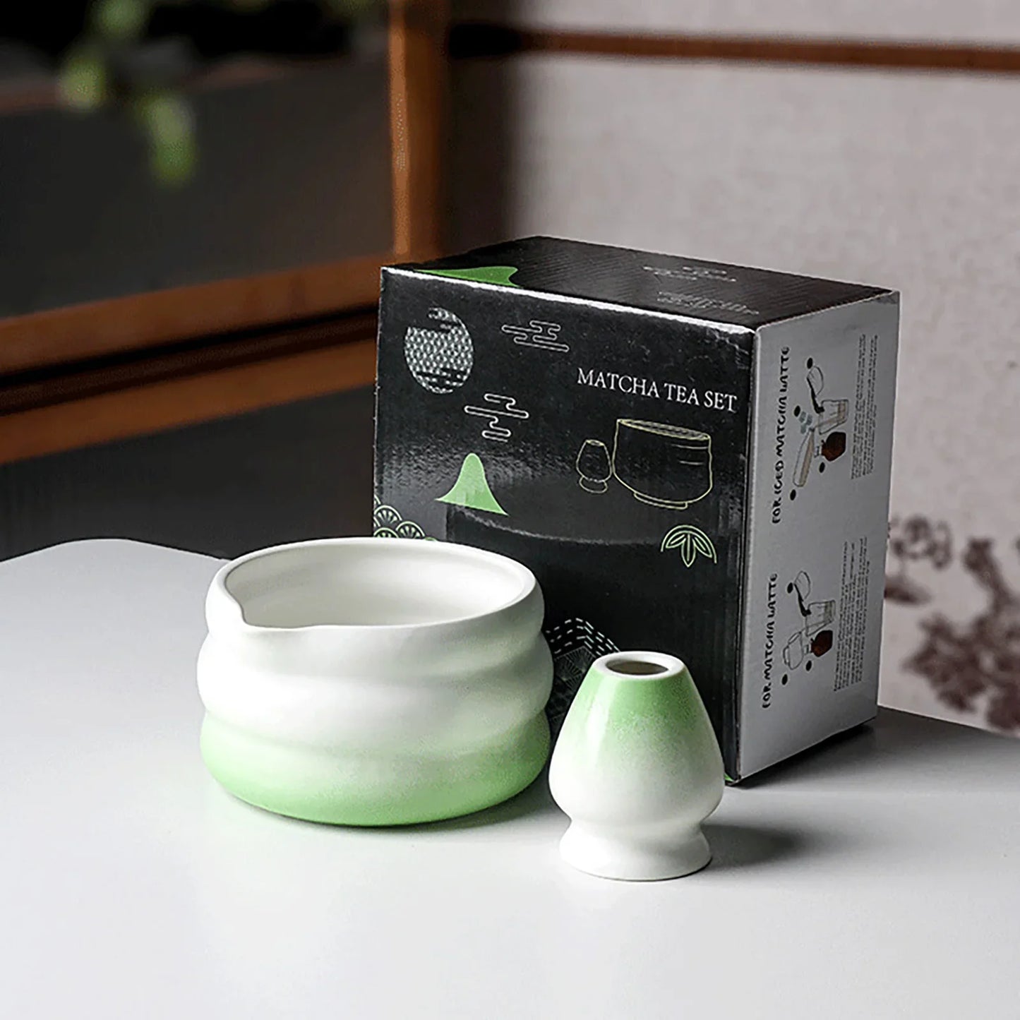 Japanese Matcha Bowl Set Green 550ml Ceramic with Spout for Tea Ceremony-5