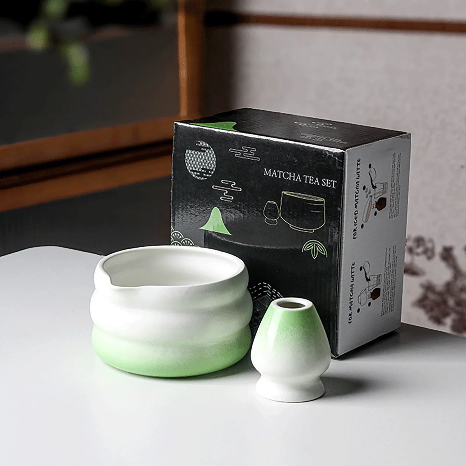 Japanese Matcha Bowl Set Green 550ml Ceramic with Spout for Tea Ceremony-5