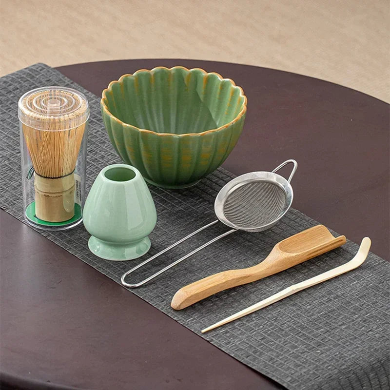 Japanese Matcha Bowl Set Green Standard Ceramic with Whisk and Scoop-4