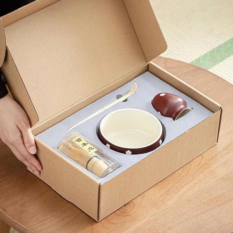 Ceramic Matcha Teaware Set Dark Red Standard Size Ceramic with Cherry Blossom Design-3