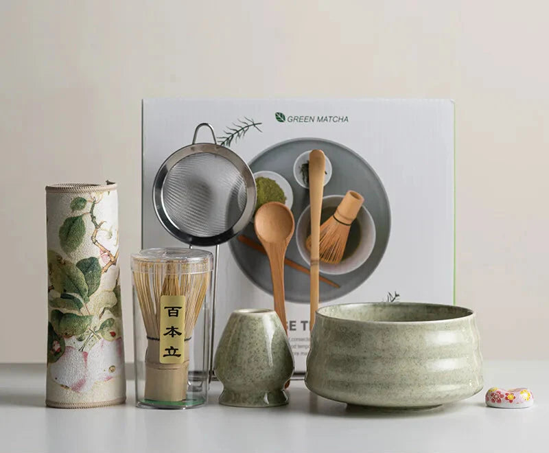 Matcha Set 8-Piece Sakura Design Ceramic Bowl Bamboo Whisk Frother-4