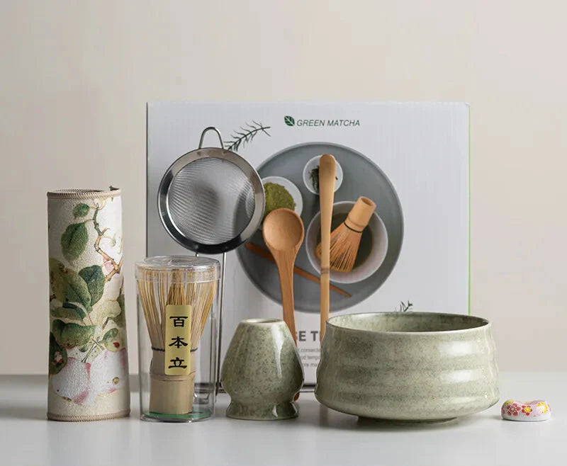 Matcha Set 8-Piece Sakura Design Ceramic Bowl Bamboo Whisk Frother-6