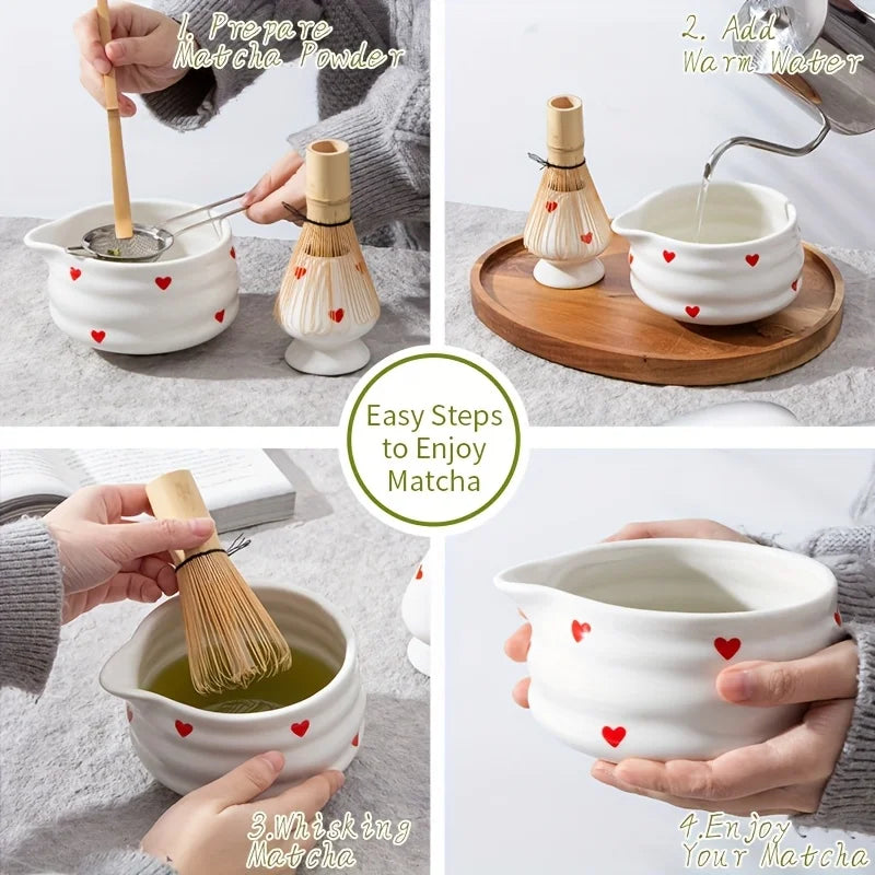 Heart-Shaped Matcha Bowl Set with Whisk Ceramic Size M for Green Tea Preparation-4