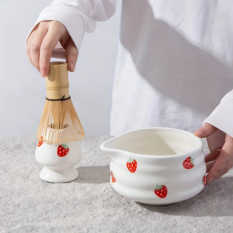 Japanese Matcha Bowl Set Strawberry Design Size One High-Quality Ceramic-3