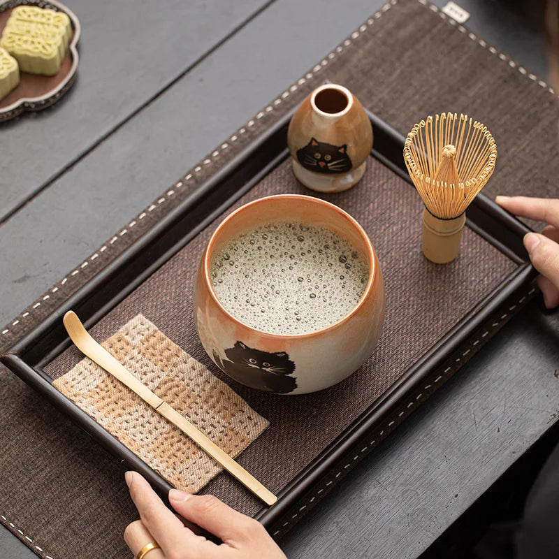 Matcha Tea Set Cat Design 4 Pieces Bamboo Whisk Ceramic Bowl-5