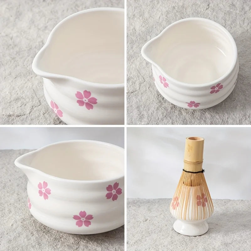 Matcha Set 5-Piece Cherry Blossom Ceramic Standard Size with Whisk for Authentic Tea Preparation-3