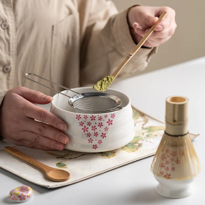 Matcha Set 8-Piece Sakura Design Ceramic Bowl Bamboo Whisk Frother-5
