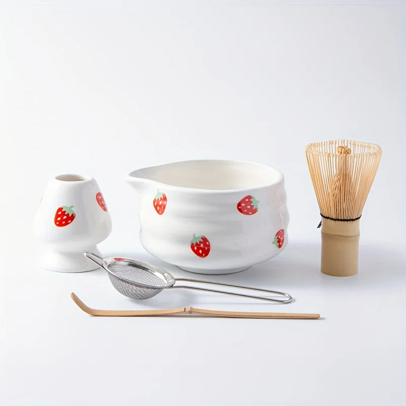 Japanese Matcha Bowl Set Strawberry Design Size One High-Quality Ceramic-5