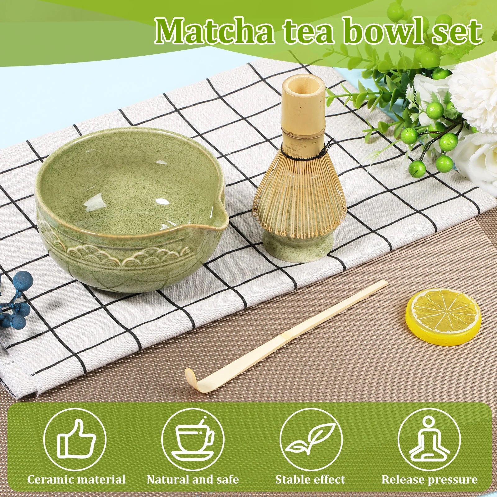 Matcha Set 5-Piece Green Ceramic Bowl Bamboo Whisk Holder Scoop-3